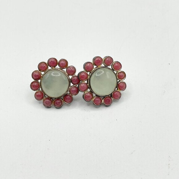 Tous Nephrite Jade Rose Pink Jade .925 Sterling Halo Stud Gem Pierced Earrings - Picture 1 of 8